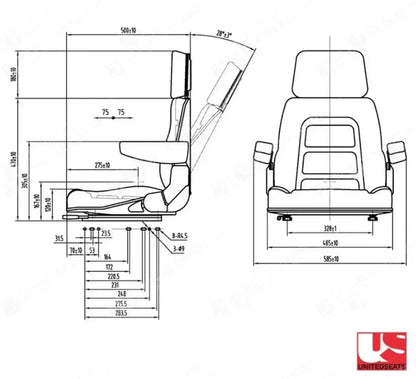 Technical drawing of a vehicle seat with dimensions labeled