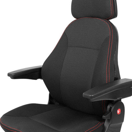 Black car seat with red stitching on a white background