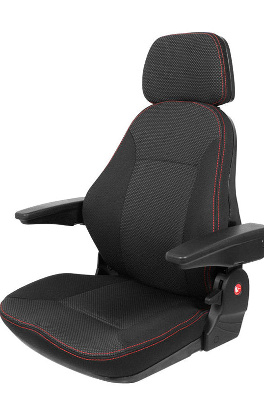 Black car seat with red stitching on a white background