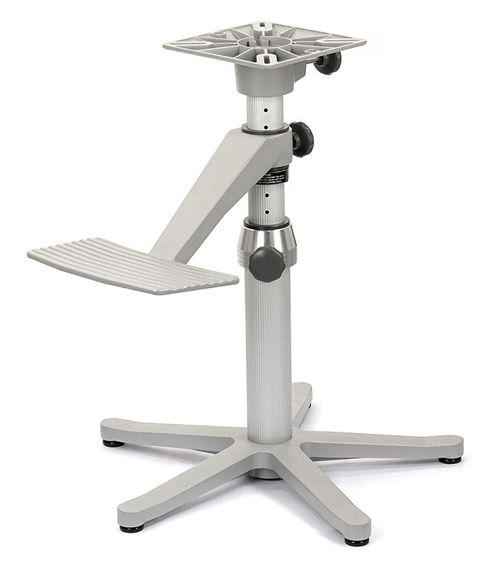 Gray adjustable stand with multiple platforms on a white background