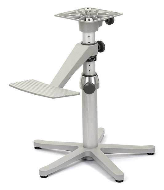 Gray adjustable stand with multiple platforms on a white background