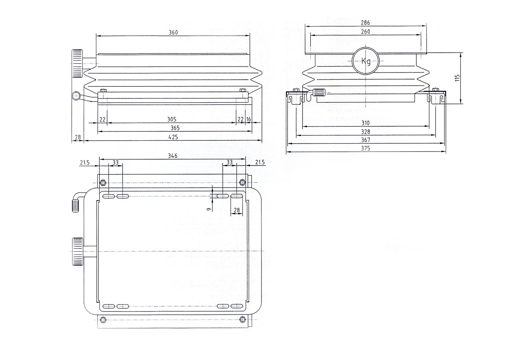 Technical drawing of a rectangular metal component with dimensions