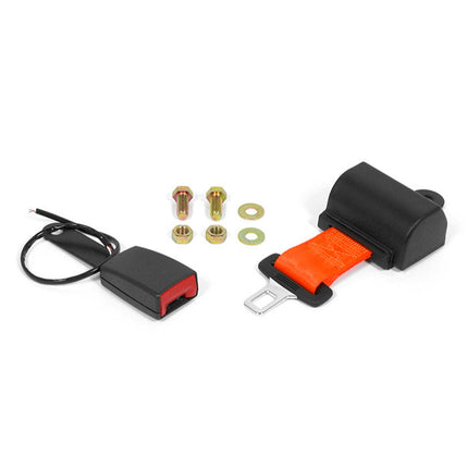 Car seat belt kit with black and red buckle, orange strap, and hardware on a white background