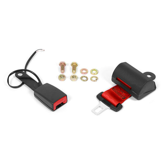 Car seat belt hardware components on a white background with UnitedSeats branding.