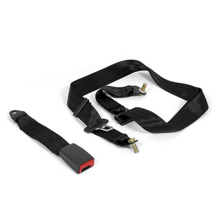 Black car seat belt with red buckle on a white background
