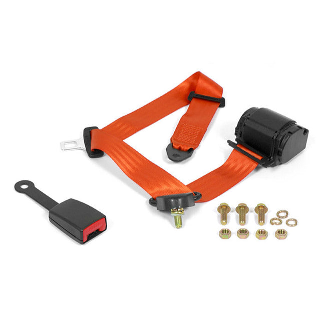 Orange seat belt harness with hardware components on a white background, branded 'UnitedSeats'.
