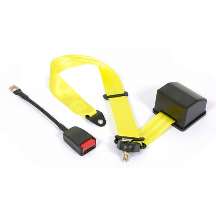 Yellow safety belt with black buckle and red switch on a white background