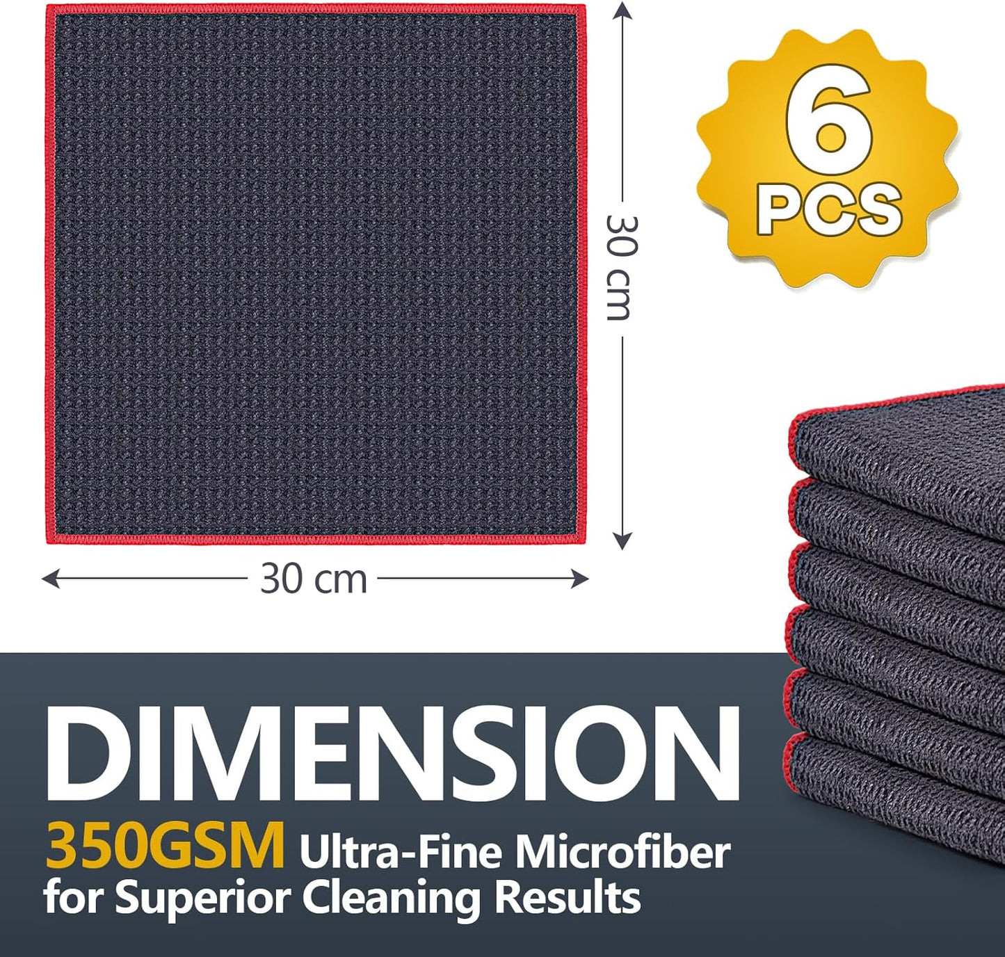 Set of six ultra-fine microfiber cloths with dimensions and weight information.