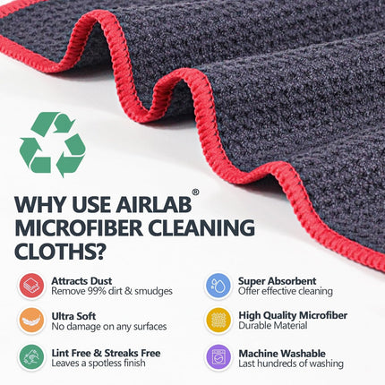 Airlab microfiber cleaning cloth with features listed on a white background