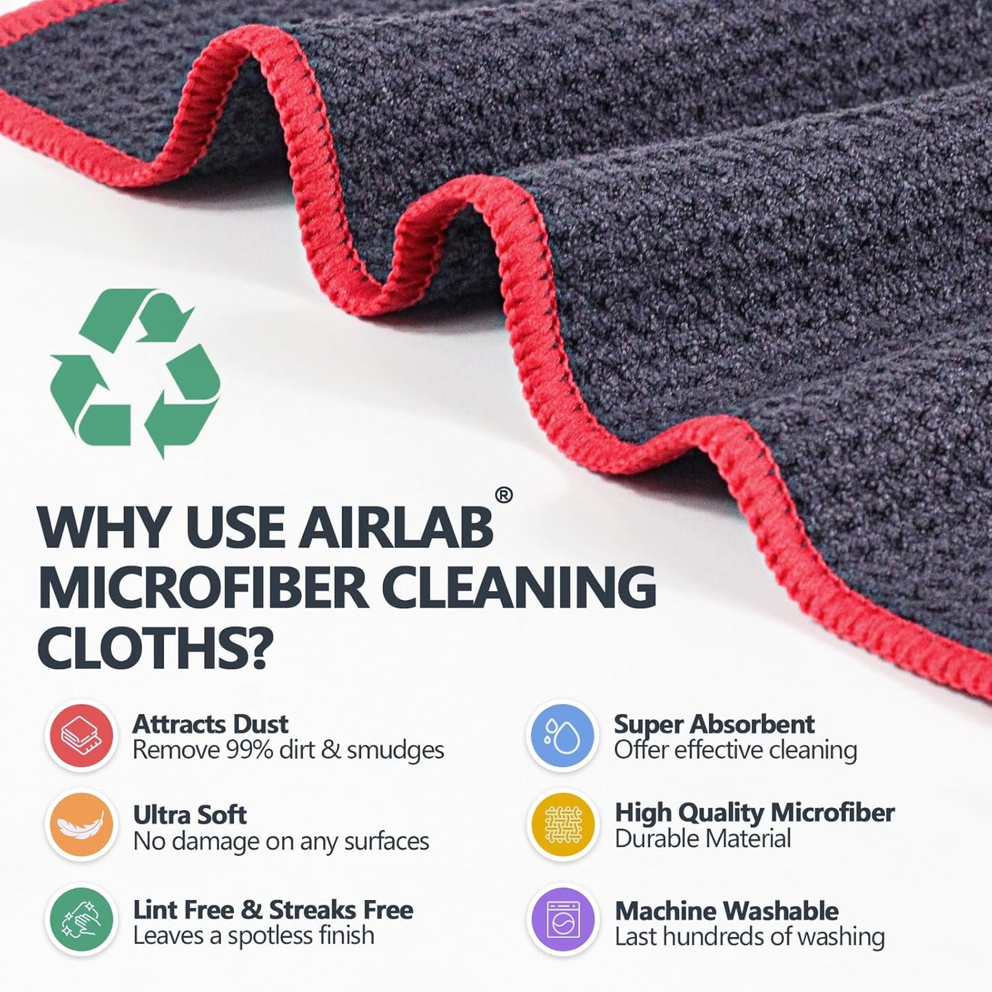 Airlab microfiber cleaning cloth with features listed on a white background