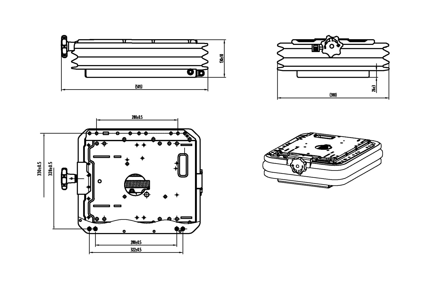 Technical drawing of a mechanical component with dimensions and exploded view
