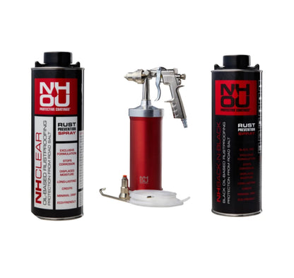 Two cans of NHOU Rust Remover and a rust removal spray gun on a white background