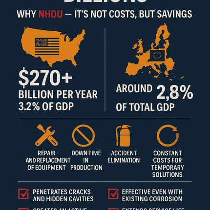 Infographic about corrosion costs and savings, featuring NHOU branding.