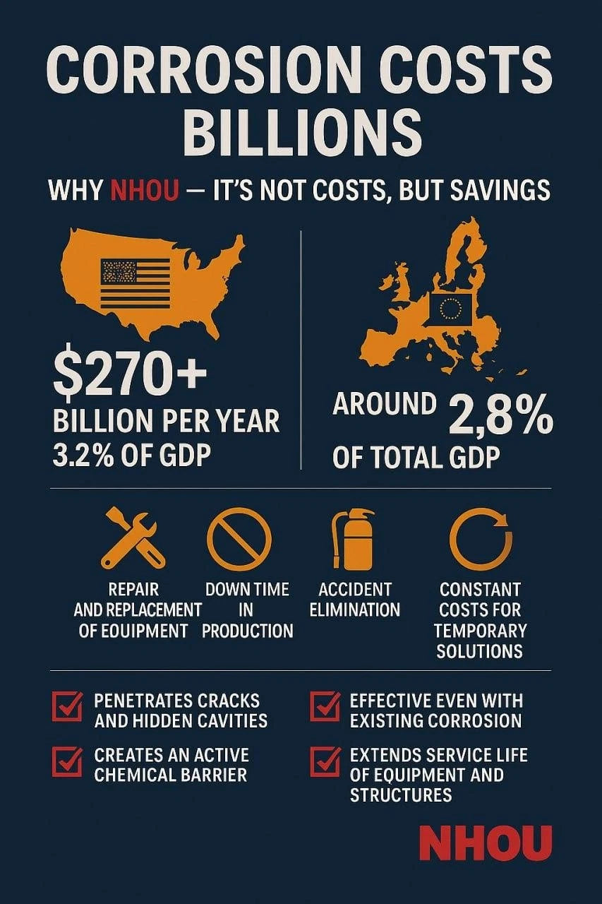 Infographic about corrosion costs and savings, featuring NHOU branding.