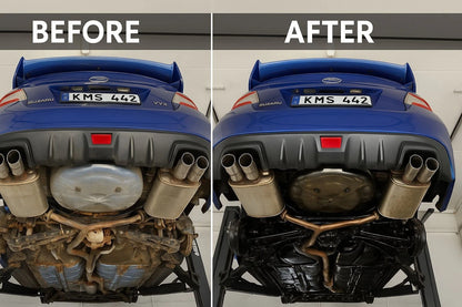 Before and after comparison of a car exhaust system with visible changes.
