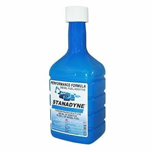 Blue bottle of Stanadyne diesel fuel additive on a white background