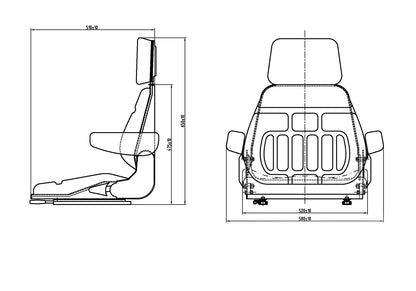 Technical drawing of a vehicle seat with dimensions labeled